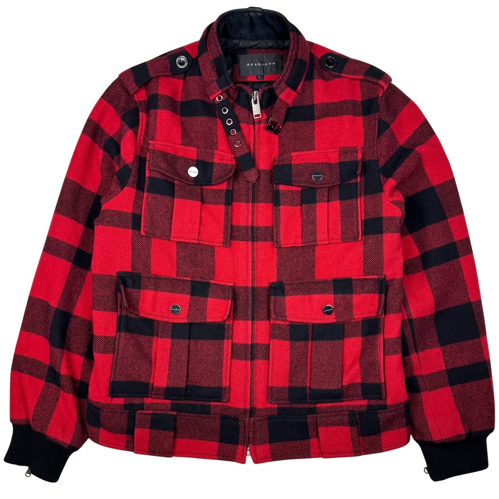 Sean John Mens Buffalo Plaid Wool Blend Jacket Mens Large Red Black Zip Front
